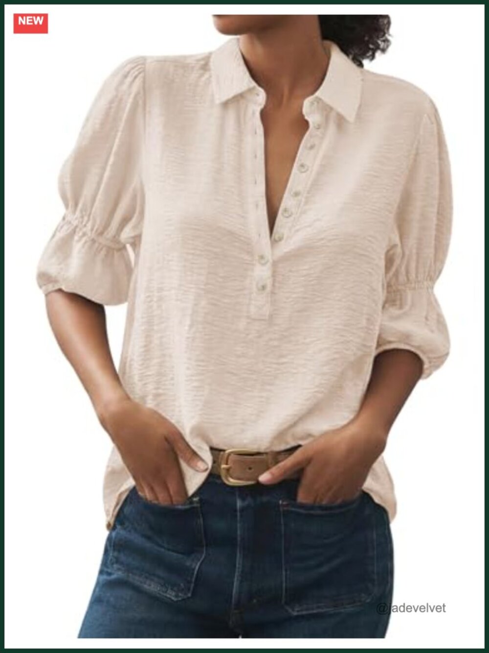 Women's Puff Sleeve Button Down Shirt V Neck Work Blouse 100% Polyester